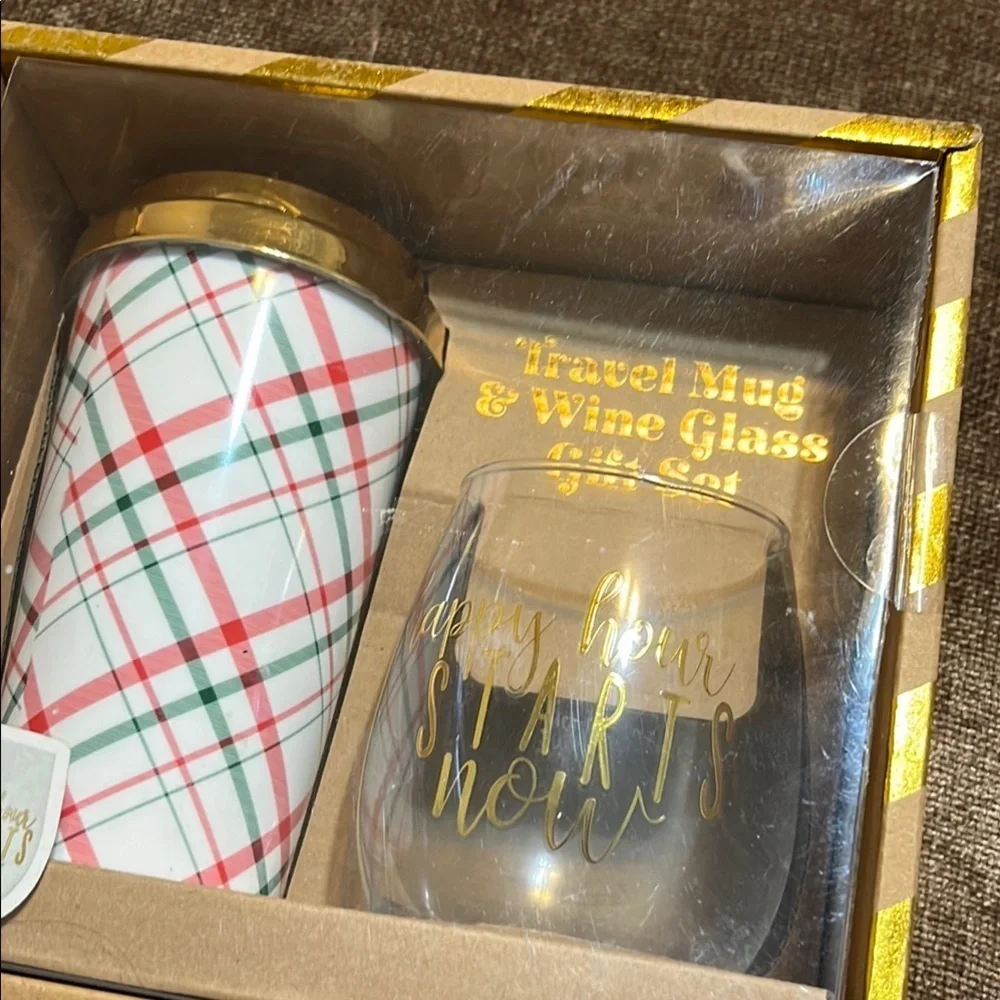NWT Plaid Travel Mug and Wine Glass Gift Set